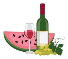 Bottle of red wine, wine in glass, watermelon and grape. Vector graphic.