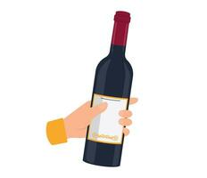 Bottle of red wine in hand. Vector graphic.