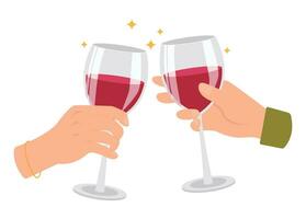 Two hands with glasses of red wine. Cheers. Vector graphic.