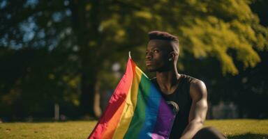 Bisexual individual in park with bi-flag. photo