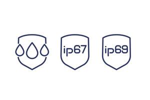 ip67, ip69, waterproof and water resistance line icons vector