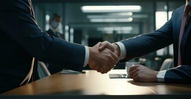 A crucial business meeting with a client, with focus on the handshake that signifies agreement photo