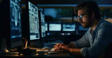 A software developer immersed in work late at night, multiple screens casting a glow on his focused face photo