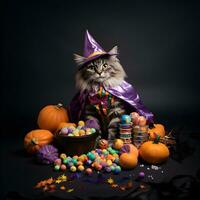 a holloween pumpkins, cat dressed as a witch wearing a black cape and a purple hat with colorful candy generated AI photo