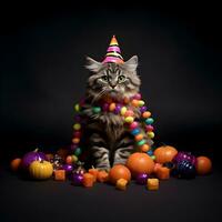 a holloween pumpkins, cat dressed as a witch wearing a black cape and a purple hat with colorful candy generated AI photo