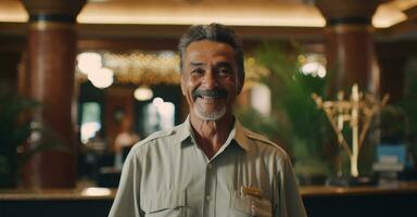 Hotel owner oversees grand lobby for guests. photo