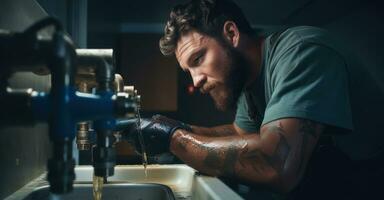 Plumber fixes complex piping under sink. photo