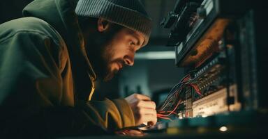 Electrician mends circuit board safely. photo