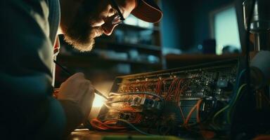 Electrician mends circuit board safely. photo