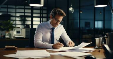 A dedicated employee is the last one in the office, working overtime at his desk photo