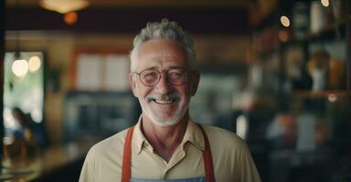 Cafe owner greets patrons in cozy ambiance. photo