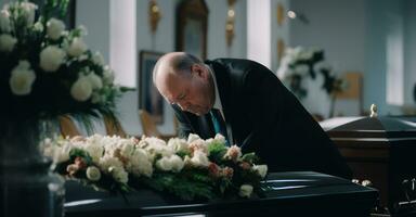 Funeral director arranges ceremony touches. photo