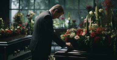 Funeral director arranges ceremony touches. photo