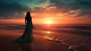 solitario mujer observando puesta de sol en playa. silueta concepto foto