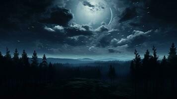 The moon in the tranquil forest under a dark night sky without any contribution from NASA. silhouette concept photo