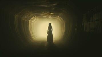 un Clásico sepia grunge editado imagen muestra un fantasmal mujer en un vestir en un brumoso túnel a noche. silueta concepto foto
