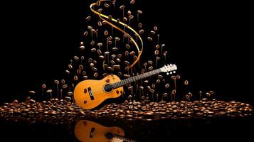 Coffee beans shaped into music notes and guitar outline isolated on a white background. silhouette concept photo