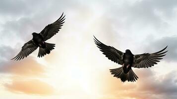 Two wing flapping birds in the white sky. silhouette concept photo