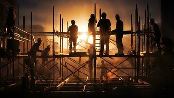 trabajadores en andamio silueta por ligero a construcción sitio foto