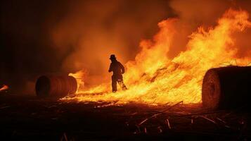 Firefighter extinguishing fire in hay stacks. silhouette concept photo