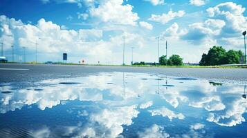 Reflection of blue sky and white clouds on water puddle surface on grey city road after rain. silhouette concept photo