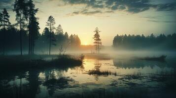 Scenic morning scenery with misty lake serene river and foggy backdrop in a gorgeous park surrounded by old bog and forested outlands with a reflective pond. silhouette concept photo
