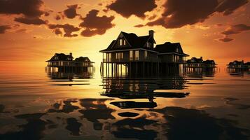 Sunset on a water villa built on stilts. silhouette concept photo