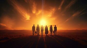 Friends stand on sand dune and admire sunrise. silhouette concept photo