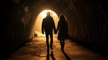 Silhouetted couple walking through railway tunnel towards bright light at the other end holding hands From behind photo