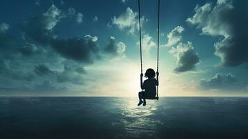 Lonely child playing on a swing by the ocean. silhouette concept photo