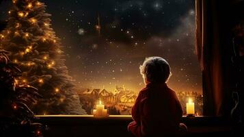 sorprendido niño encuentra Papa Noel por el hogar en un de luna Navidad noche. silueta concepto foto