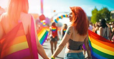 Lesbian couple at pride parade, flags fluttering. photo