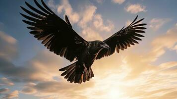 Lonely black bird flying in the sky. silhouette concept photo