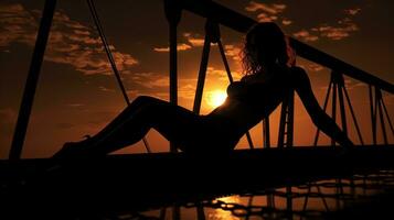 Girl laying on bridge s silhouette photo