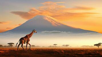 jirafa silueta en vibrante africano paisaje cerca kilimanjaro volcán amboseli nacional parque Kenia fauna silvestre fotografía en Kenia africano Mañana atmósfera foto