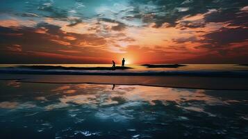 A girl captures surfers riding waves against a scenic backdrop of colorful sky and water. silhouette concept photo