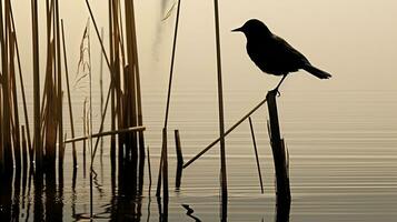 Blackbird on a cattail shadow. silhouette concept photo