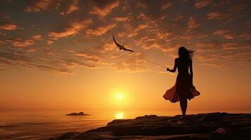 un mujer volador un cometa a amanecer. silueta concepto foto
