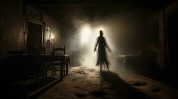 An eerie ghostly figure captured in an aged dusty cellar s photograph. silhouette concept photo