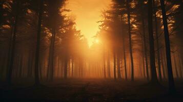 Autumn s misty forest at daybreak. silhouette concept photo