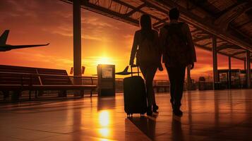Silhouetted couple transporting bags at station for travel photo