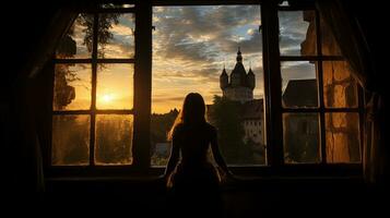 húngaro castillo s ventana apertura con niña en mukachevo. silueta concepto foto
