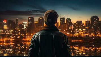 Hipster photographer in a baseball cap reflects on the beautiful evening cityscape of Kiev soft focused lights illuminate the apartment blocks. silhouette concept photo