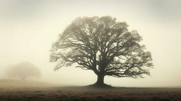 Foggy day silhouette of an ancient oak tree photo