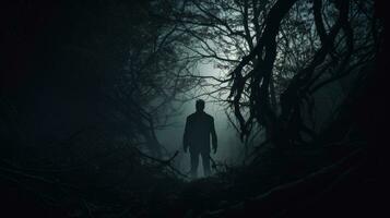 Creepy figure in shadowy woods. silhouette concept photo