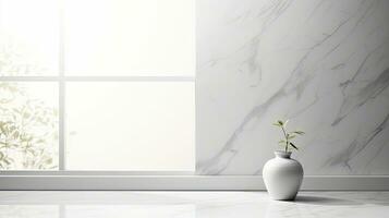 Mockup product display with marble table white wall background and window shadow drop. silhouette concept photo