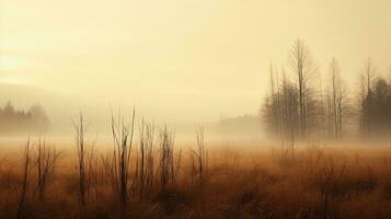 Autumn sunrise in Slovenian meadow misty and serene with bare trees dried grass and no one in sight. silhouette concept photo