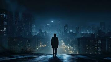 man alone in city at night. silhouette concept photo