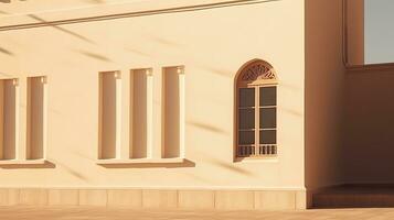 Contemporary Eastern architecture with beige walls windows and sun shadows showcasing minimal aesthetic abstract design. silhouette concept photo