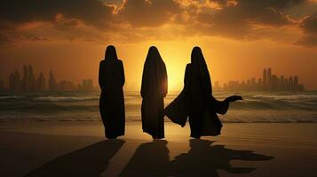 Tres mujer en tradicional ropa en pie a dubai s playa. silueta concepto foto